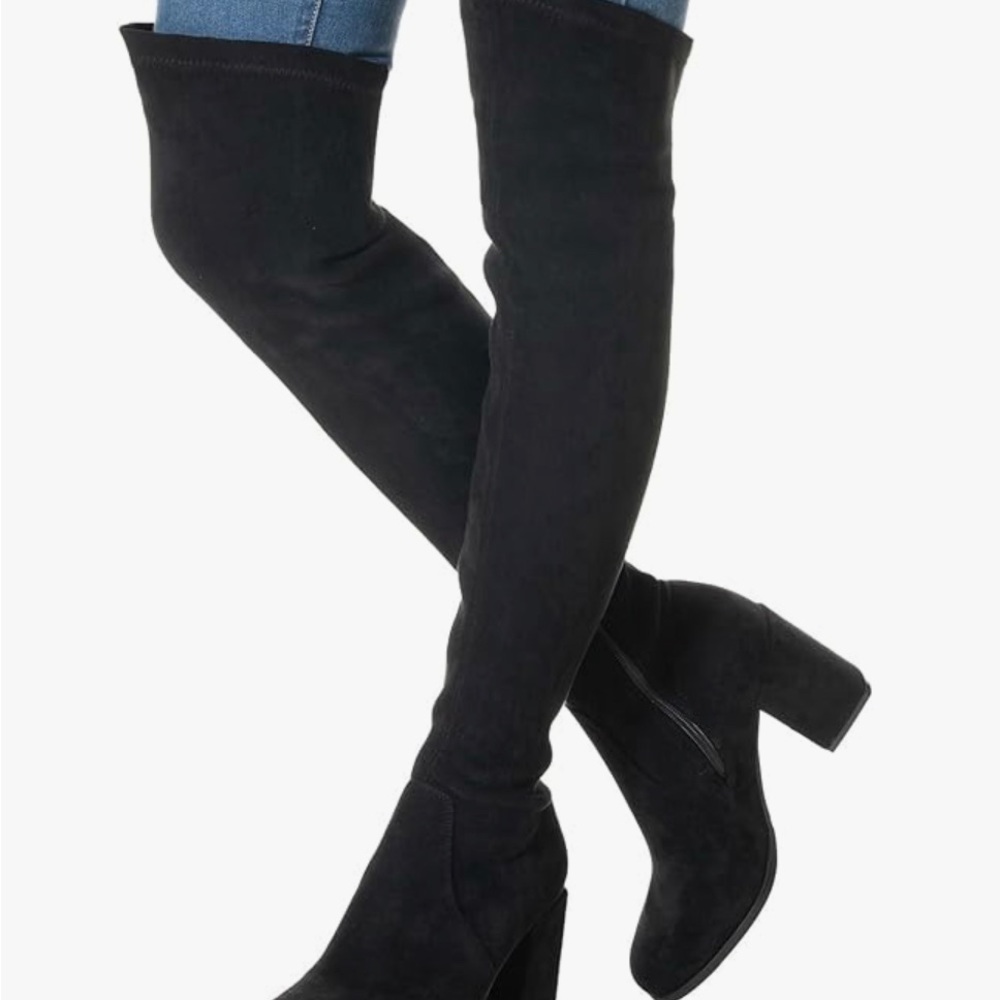Thigh high block heel pointed toe stretch over the knee boots